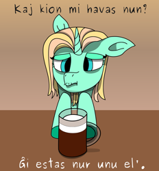 Size: 1855x2000 | Tagged: safe, artist:timcryt, oc, oc only, pony, unicorn, alcohol, beer, esperanto, male, sad, solo, translated in the comments