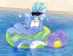 Size: 2600x2000 | Tagged: safe, artist:zlatavector, oc, oc only, octopus, original species, pony, shark, shark pony, female, glasses, high res, inner tube, jewelry, long tail, mare, necklace, pool toy, smiling, tail