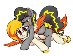 Size: 1282x991 | Tagged: safe, artist:plaguetyranno, artist:silent-e, flare (g5), oc, oc:bug-zapper, earth pony, pegasus, pony, g5, female, imminent vore, kitchen eyes, licking, licking lips, mare, mare pred, mare prey, simple background, story in the source, tongue out, vore, white background