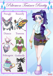 Size: 1920x2716 | Tagged: safe, artist:sk-ree, rarity, beautifly, diancie, gothitelle, human, polteageist, purugly, tsareena, g4, clothes, female, high heels, humanized, mythical pokémon, pokémon, pokémon team, pokémon trainer, shirt, shoes, skirt