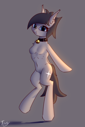 Size: 4000x6000 | Tagged: safe, artist:kainy, oc, oc only, oc:kainy, bat pony, hybrid, pony, semi-anthro, absurd resolution, arm hooves, bell, bell collar, belly button, bipedal, collar, colored, ear fluff, lighting, looking at you, ribs, skinny, slender, smiling, smiling at you, solo, standing, thin