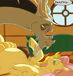 Size: 691x723 | Tagged: safe, artist:snspony, edit, discord, fluttershy, draconequus, pegasus, pony, comic:how to care for your (very) pregnant mare, g4, bed, cropped, cute, female, fluttershy's cottage, hand on belly, lying down, lying on bed, male, on back, on bed, preggoshy, pregnant, ship:discoshy, shipping, shyabetes, straight, window