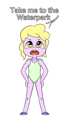 Size: 1080x1940 | Tagged: safe, artist:happy harvey, dinky hooves, human, equestria girls, g4, child, clothes, cute, demanding, dialogue, equestria girls-ified, flip-flops, green swimsuit, hand on hip, looking up, open mouth, phone drawing, sandals, simple background, swimsuit, transparent background