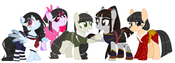 Size: 3865x1388 | Tagged: safe, artist:kellysweet1, oc, oc only, oc:anime-chan, oc:hanako, oc:hera-chan, oc:ohasu, oc:sawa (ice1517), earth pony, pegasus, pony, armor, belt, boots, clothes, commission, ear piercing, earring, eye scar, eyeshadow, facial scar, female, grin, holding hooves, hoodie, jewelry, katana, kimono (clothing), lesbian, looking at each other, looking at someone, makeup, mare, oc x oc, ohasusawa, older, open mouth, piercing, ponytail, raised hoof, raised leg, scar, school uniform, shipping, shirt, shoes, simple background, skirt, smiling, socks, striped socks, sword, tattoo, transparent background, weapon