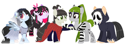 Size: 3865x1388 | Tagged: safe, artist:kellysweet1, oc, oc only, oc:anime-chan, oc:hanako, oc:hera-chan, oc:ohasu, oc:sawa (ice1517), earth pony, pegasus, pony, skeleton pony, alternate hairstyle, beetlejuice, bone, clothes, commission, corpse bride, cosplay, costume, crossover, dress, ear piercing, earring, emily (corpse bride), eye scar, eyeshadow, facial scar, female, ghostface, grin, halloween, halloween costume, hat, holding hooves, jewelry, lesbian, looking at each other, looking at someone, lydia deetz, makeup, mare, mask, oc x oc, ohasusawa, older, open mouth, piercing, ponytail, raised hoof, raised leg, robe, scar, scream (movie), shipping, shirt, simple background, skeleton, smiling, socks, striped socks, tattoo, transparent background, wedding dress, witch, witch costume, witch hat