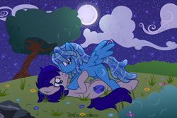 Size: 1200x800 | Tagged: safe, artist:jennieoo, oc, oc:maverick, oc:ocean soul, earth pony, pegasus, pony, cloud, couple, full moon, kissing, lovers, married couple, moon, night, nose kiss, on top, show accurate, soulverick, spread wings, story, story included, tree, vector, wings