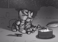 Size: 3500x2500 | Tagged: safe, artist:captainhoers, oc, oc only, oc:firewire, oc:ink spill, pegasus, pony, clothes, cute, duo, eyes closed, fire, grayscale, gun, high res, lying down, monochrome, night, nuzzling, oc x oc, prone, rifle, shipping, uniform, weapon