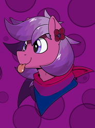 Size: 1780x2404 | Tagged: safe, artist:sefastpone, oc, oc only, oc:superluminal, pegasus, pony, :p, abstract background, bandana, bisexual pride flag, bust, clothes, digital art, flower, male, multicolored hair, pride, pride flag, raffle prize, rule 63, smiling, stallion, tongue out