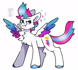 Size: 2048x1834 | Tagged: safe, artist:spookyfoxinc, zipp storm, pegasus, pony, g5, my little pony: a new generation, adorazipp, cheek fluff, chest fluff, colored hooves, cute, cute little fangs, fangs, female, mare, simple background, smug, smugzipp, solo, sparkles, spread wings, unshorn fetlocks, white background, wings