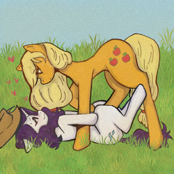 Size: 1000x1000 | Tagged: safe, artist:sizack, applejack, rarity, earth pony, pony, unicorn, g4, blushing, couple, cowboy hat, duo, female, grass, grass field, hair tie, hat, heart, lesbian, lying down, mare, nervous, on back, on top, raised leg, shading, shadow, ship:rarijack, shipping