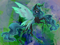 Size: 1280x960 | Tagged: safe, artist:candasaurus, queen chrysalis, changeling, changeling queen, g4, abstract background, fangs, female, rearing, sharp teeth, signature, smiling, solo, spread wings, teeth, wings