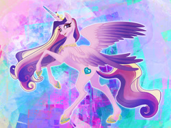 Size: 1280x960 | Tagged: safe, artist:candasaurus, princess cadance, alicorn, pony, g4, abstract background, butt, colored wings, concave belly, crown, eyelashes, female, gradient horn, gradient wings, hoof shoes, horn, jewelry, long horn, long mane, lovebutt, mare, partially open wings, peytral, plot, princess shoes, rearing, regalia, signature, slender, smiling, solo, thin, wings