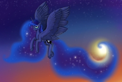 Size: 3050x2050 | Tagged: safe, artist:twilightwolf91, princess luna, alicorn, pony, g4, ethereal mane, ethereal tail, female, flying, galaxy mane, high res, mare, sky, solo, stars, sun, tail, twilight (astronomy)