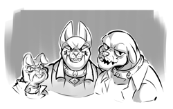 Size: 1529x964 | Tagged: safe, artist:sketchtablet, fido, rover, spot, diamond dog, g4, bust, evil smile, grin, male, monochrome, portrait, smiling, trio, trio male