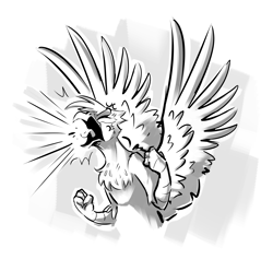 Size: 1950x1845 | Tagged: safe, artist:sketchtablet, gilda, griffon, g4, angry, clenched fist, cross-popping veins, emanata, eyes closed, female, monochrome, rage, screech, solo, spread wings, wings