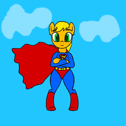 Size: 1500x1500 | Tagged: safe, artist:lekonar13, applejack, earth pony, pony, g4, app-el, cape, clothes, cloud, crossed hooves, dc comics, sky, smiling, superman, supermare