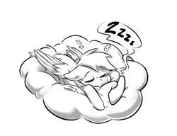 Size: 1330x1024 | Tagged: safe, artist:sketchtablet, derpy hooves, pegasus, pony, g4, cloud, cute, derpabetes, eyes closed, feather, female, mare, monochrome, on a cloud, onomatopoeia, sleeping, sleeping on a cloud, snoring, solo, sound effects, zzz