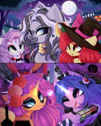 Size: 4000x5000 | Tagged: safe, artist:xsatanielx, apple bloom, izzy moonbow, sunny starscout, sweetie belle, zecora, alicorn, earth pony, pony, unicorn, zebra, mlp fim's twelfth anniversary, g4, g5, female, filly, foal, glowing, glowing horn, halloween, holiday, horn, jack-o-lantern, magic, makeup, pumpkin, telekinesis