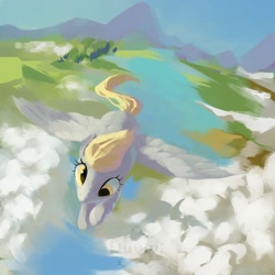 Size: 2000x2000 | Tagged: safe, artist:duvivi, derpy hooves, pegasus, pony, g4, cloud, female, flying, high res, mare, river, scenery, solo, spread wings, sunlight, water, wings