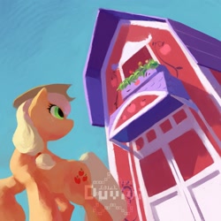 Size: 2000x2000 | Tagged: safe, artist:duvivi, applejack, earth pony, pony, g4, barn, female, high res, low angle, mare, solo