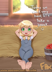 Size: 2480x3425 | Tagged: safe, artist:focusb, applejack, human, equestria girls, g4, apple, barefoot, clothes, crossed legs, cute, dialogue, feet, food, freckles, high res, human coloration, jackabetes, open mouth, overalls, pigtails, soles, solo, toes, twintails, younger