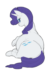 Size: 1764x2508 | Tagged: safe, artist:snspony, rarity, pony, unicorn, g4, belly, big belly, butt, female, high res, looking at you, lying down, mare, plot, preggity, pregnant, rear view, simple background, smiling, solo, white background