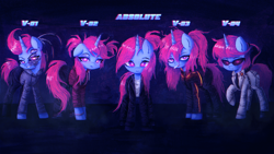 Size: 2560x1440 | Tagged: safe, artist:menalia, oc, oc only, oc:niroh fatal, pony, robot, robot pony, unicorn, black background, boots, cigarette, clothes, crazy face, cyberpunk, emotionless, faic, female, gloves, horn, jacket, looking at you, mare, metal, necktie, pants, pigtails, ponytail, shirt, shoes, simple background, sneakers, sunglasses, t-shirt, text, tired, wallpaper, wires