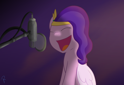 Size: 2900x2000 | Tagged: safe, artist:reinbou, pipp petals, pegasus, pony, g5, my little pony: a new generation, eyes closed, female, high res, light, mare, microphone, open mouth, simple background, singing, smiling, solo, volumetric mouth