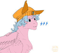 Size: 1174x1062 | Tagged: safe, artist:whitegwava, firefly, pegasus, pony, g1, chest fluff, curly hair, feathered wings, female, floppy ears, gap teeth, hat, mare, simple background, solo, thunderbolt, white background, wings, winter hat