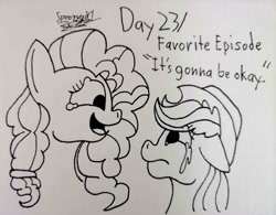 Size: 1693x1322 | Tagged: safe, artist:spoopygirl, applejack, pear butter, g4, applejack's hat, cowboy hat, crying, female, hat, lineart, mare, ponytober, ponytober 2022, tears of joy, traditional art