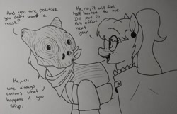Size: 2048x1321 | Tagged: safe, artist:pony quarantine, oc, oc only, oc:bo, earth pony, pony, clothes, costume, dialogue, duo, eye clipping through hair, eyebrows, eyebrows visible through hair, female, freckles, grayscale, mare, mask, monochrome, traditional art