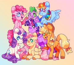 Size: 3847x3361 | Tagged: safe, artist:cocopudu, applejack, fluttershy, pinkie pie, rainbow dash, rarity, spike, twilight sparkle, alicorn, dragon, earth pony, pegasus, pony, unicorn, g4, cloven hooves, female, gradient background, group, group photo, high res, looking at you, male, mane seven, mane six, mare, one eye closed, septet, smiling, smiling at you, tongue out, twilight sparkle (alicorn), unshorn fetlocks