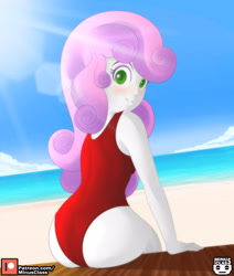 Size: 2976x3507 | Tagged: safe, alternate character, alternate version, artist:minusclass, sweetie belle, human, equestria girls, g4, ass, blushing, butt, clothes, female, high res, one-piece swimsuit, solo, sweetie butt, swimsuit