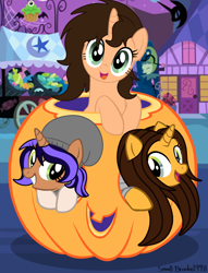 Size: 1692x2214 | Tagged: safe, artist:small-brooke1998, artist:starember, oc, oc:aurora gleam, oc:brooke, oc:small brooke, pony, unicorn, base used, halloween, holiday, pumpkin, trio