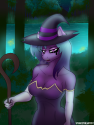 Size: 1440x1920 | Tagged: safe, artist:sforcetheartist, oc, oc only, oc:dim heart, unicorn, anthro, breasts, clothes, female, gloves, halloween, hat, holiday, lidded eyes, open mouth, sharp teeth, solo, stick, teeth, witch, witch hat