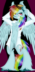 Size: 1018x2061 | Tagged: safe, alternate version, artist:4agonism, rainbow dash, pegasus, pony, semi-anthro, g4, arm hooves, belly button, bipedal, chest fluff, clothes, cloven hooves, colored hooves, cutie mark on clothes, ear fluff, evil grin, full body, goggles, goggles on head, grin, holding head, hoof fluff, lab coat, looking sideways, partially open wings, pubic fluff, smiling, standing, standing on two hooves, unshorn fetlocks, wings