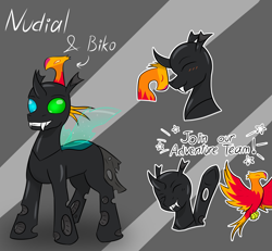 Size: 3189x2953 | Tagged: safe, artist:thatsbadboi, oc, oc:nudial, changeling, phoenix, changeling oc, concept art, duo, gray background, heterochromia, high res, monologue, outline, pet, simple background, talking, white outline