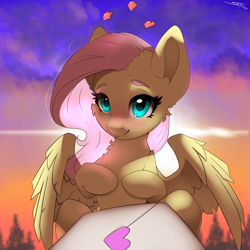 Size: 4000x4000 | Tagged: safe, artist:skitsroom, fluttershy, pegasus, pony, blushing, cute, envelope, eyebrows, female, floating heart, heart, letter, looking at you, love letter, mare, partially open wings, shyabetes, signature, smiling, solo, sunset, wings