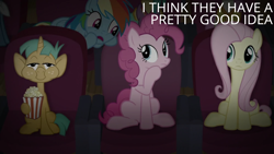 Size: 1920x1080 | Tagged: safe, edit, edited screencap, editor:quoterific, screencap, fluttershy, pinkie pie, rainbow dash, snails, earth pony, pegasus, pony, unicorn, common ground, g4, season 9, colt, eating, female, foal, food, freckles, frown, looking at each other, looking at someone, male, mare, open mouth, popcorn, smiling, theater