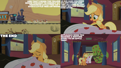Size: 4400x2475 | Tagged: safe, edit, edited screencap, editor:quoterific, screencap, applejack, bloomberg, caboose, evening star, full steam, john bull, promontory, earth pony, pony, g4, over a barrel, season 1, apple, apple tree, applebetes, bedtime story, book, caught, cute, eyes closed, implied rarity, offscreen character, open mouth, open smile, smiling, train, tree