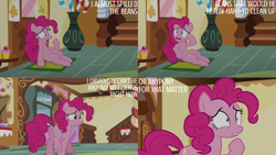 Size: 4400x2475 | Tagged: safe, edit, edited screencap, editor:quoterific, screencap, pinkie pie, earth pony, pony, g4, season 5, the one where pinkie pie knows, belly, female, gritted teeth, mare, open mouth, panicking, solo, teeth, worried