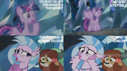 Size: 4400x2475 | Tagged: safe, edit, edited screencap, editor:quoterific, screencap, silverstream, tree of harmony, twilight sparkle, yona, hippogriff, yak, g4, season 8, what lies beneath, bow, concerned, confused, female, gritted teeth, hair bow, jewelry, looking back, monkey swings, necklace, shocked, teeth, treelight sparkle