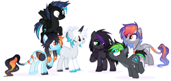 Size: 1312x618 | Tagged: safe, oc, oc only, oc:aux luminance, oc:blaze, oc:phase, oc:shining amber, oc:silver, oc:stormbringer, earth pony, pegasus, pony, unicorn, base used, group, leonine tail, simple background, tail, white background