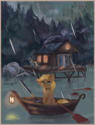 Size: 3957x5245 | Tagged: safe, artist:colorbrush, applejack, rainbow dash, earth pony, pegasus, pony, g4, boat, forest, lake, lantern, oar, pier, rain, solo focus, water