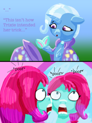 Size: 1800x2400 | Tagged: safe, artist:php176, derpibooru exclusive, jazz hooves, trixie, earth pony, pony, unicorn, g4, g5, big eyes, cape, cartoon physics, clothes, comic, confused, dialogue, ears, fail, female, gradient background, hat, horrified, jazz has no ears, joke, lineless, magic trick, mare, meme, mirror, missing ear, modular, no ears, oops, open mouth, panels, poof, reflection, screaming, shading, shocked, shocked eyes, silly, stars, text, this did not end well, this explains everything, trixie's cape, trixie's hat, unshorn fetlocks