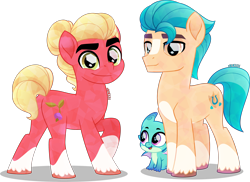 Size: 4000x2905 | Tagged: safe, artist:orin331, hitch trailblazer, sparky sparkeroni, sprout cloverleaf, crystal pony, dragon, earth pony, pony, g4, g5, coat markings, crystallized, g5 to g4, generation leap, implied shipping, male, simple background, socks (coat markings), stallion, transparent background