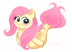 Size: 2581x1865 | Tagged: safe, artist:leo19969525, fluttershy, hybrid, merpony, pony, seapony (g4), g4, blushing, cute, cyan eyes, dock, ears up, female, looking at you, mane, mare, pink mane, pink tail, seaponified, seapony fluttershy, shyabetes, simple background, smiling, smiling at you, solo, species swap, tail, white background, wings