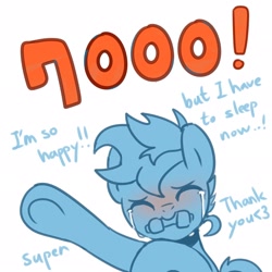 Size: 2048x2048 | Tagged: safe, artist:maren, oc, oc only, oc:blue chewings, earth pony, pony, 2019, bust, crying, dialogue, eyes closed, high res, meta, milestone, old art, simple background, solo, tears of joy, twitter, waving, white background