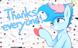 Size: 2048x1260 | Tagged: safe, artist:maren, oc, oc only, oc:blue chewings, earth pony, pony, 2020, bust, heart, meta, old art, one eye closed, sitting, solo, thank you, twitter
