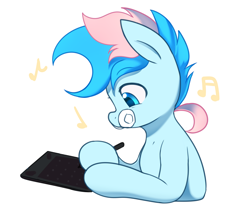 Size: 5000x4200 | Tagged: safe, artist:maren, oc, oc only, oc:blue chewings, earth pony, pony, 2020, 2021, absurd resolution, bust, drawing, drawing tablet, hoof hold, music notes, old art, simple background, solo, white background